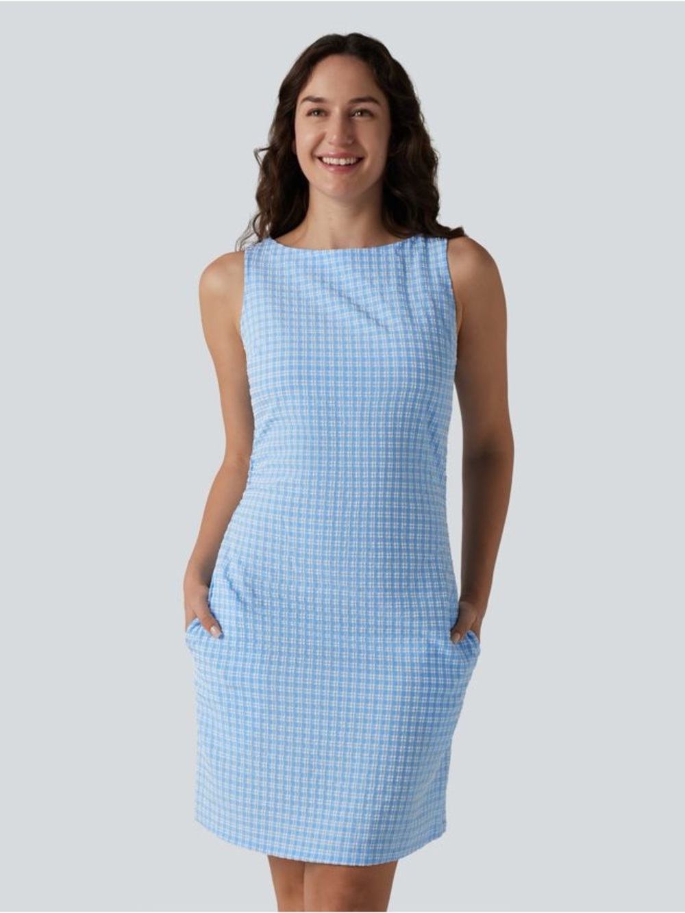 HALARA boat neck sleeveless gingham mini dress